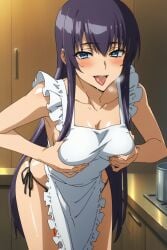 ai_generated apron ass black_panties blush breast_grab dat_ass female highschool_of_the_dead large_breasts long_hair looking_back noanimenolife purple_hair saeko_busujima smile solo suggestive_pose thong