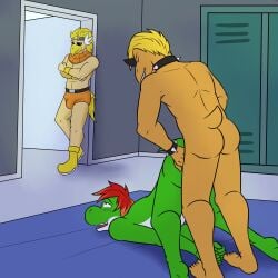 accipitrid accipitriform anthro ass ass_up avian being_watched bird boots bracelet briefs briefs_only bulge clothed clothing collar crossed_arms exhibitionism from_behind_position fuze green_yoshi group hawk hi_res jewelry king_k king_k_(paper_mario) koopa koopa_troopa kp_pete locker_room looking_at_another male male/male mario_(series) nintendo nude on_ground paper_mario paper_mario:_the_thousand-year_door rawk_hawk rear_admiral_position scalie sex spiked_bracelet spiked_collar spikes super_mario_bros. the_great_gonzales_jr topless trio underwear underwear_only yoshi