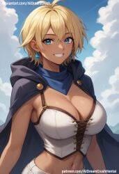 ai_generated aidreamcrush blonde_hair breasts earrings female female hair midriff pants sky smile solo