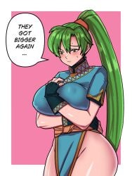 1girls bare_thighs breast_expansion breasts covered_nipples english_text female female_only fingerless_gloves fire_emblem fire_emblem:_the_blazing_blade frown gloves green_eyes green_hair huge_breasts lyn_(fire_emblem) mnejing nintendo pelvic_curtain pink_background ponytail raised_eyebrow solo text thighs