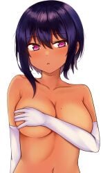 absurdres breasts collarbone covering_breasts covering_nipples covering_privates dark-skinned_female dark_skin elbow_gloves female female_focus gloves highres large_breasts lilith_(saikin_yatotta_maid_ga_ayashii) mole mole_on_breast mole_under_eye navel nude nyantka open_mouth purple_eyes purple_hair saikin_yatotta_maid_ga_ayashii short_hair simple_background solo tan upper_body white_background white_gloves