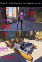 3d bondage dark_hair defeated female female_only lying naked numbani_(map) overwatch payload public public_nudity purple_skin sniper sniper_rifle solo standing text widowmaker