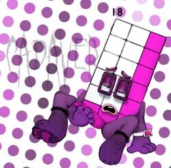 18_(numberblocks) 4_fingers artist_name artist_upload artist_watermark black_eyes bracelet cbeebies digitigrade eighteen_(numberblocks) half-closed_eyes hand_on_penis lace-trimmed_socks looking_pleasured magenta_blocks male male_masturbation male_only masturbating masturbation multicolored_body no_humans non-human non-human_only number numberblocks open_mouth pawpads paws penis pink_body pink_lips pink_penis polka_dot_background purple_arms purple_body purple_eyelids purple_legs rays_display reclining rectangle rectangle_eyes red_borders self_upload simple_background solo solo_male tapering_penis toony uneven_eyes watermark white_blocks white_body