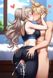 1boy 1girls ai_generated bare_shoulders black_sports_bra black_yoga_pants closed_eyes clothed_female_nude_male cloud_strife corrin_(fire_emblem) corrin_(fire_emblem)_(female) crossover cumming final_fantasy_vii fire_emblem fire_emblem_fates from_behind gym_uniform hand_on_another's_ass hand_on_another's_face kissing lips midriff nai_diffusion nintendo sports_bra stable_diffusion super_smash_bros. sweat thigh_sex yoga_pants