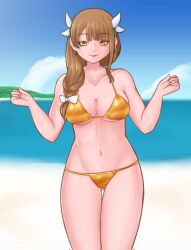 1girls beach breasts female female_only fire_emblem fire_emblem_engage golden_bikini goldmary_(fire_emblem) nintendo solo swimsuit vespidiawasp