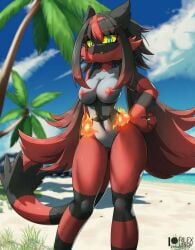 1girls 2d alternate_version_at_source anthro beach belly_button black_fur blue_eyes breasts cat_ears cat_tail catgirl clawed_fingers cleft_of_venus color completely_nude detailed_background digital_media_(artwork) female_focus fit_female flame furry hand_on_hip incineroar long_hair looking_at_viewer low-angle_view lowres midriff muscle_tone navel nipples nude nude_female ocean ombre_hair paws pokemon pokemon_(species) poor_quality pussy red_fur rilex_lenov shaded slit_pupils solo solo_female solo_focus toned toned_female two_tone_fur uncensored vagina yellow_sclera