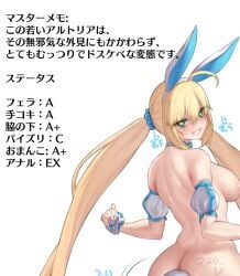 1girls ahoge animal_ear_hairband animal_ear_headwear animal_ears artoria_pendragon artoria_pendragon_(all) artoria_pendragon_(caster) artoria_pendragon_(fate) ass ass aster_crowley back_turned back_view backboob big_ass big_breasts big_breasts big_butt big_nipples black_text blonde_eyebrows blonde_hair blonde_hair blue_bowtie blue_collar blue_sleeves blue_text blush blush bowtie breasts breasts bunny_ears bunny_tail bunnysuit collar curved_back exposed exposed_ass exposed_breasts exposed_butt exposed_nipples eyebrows_raised fat_breasts fate/grand_order fate_(series) female female_focus female_only green_eyes hair_ornament hairband head_turned heart-shaped_pupils heart_eyes heart_symbol japanese_text long_hair looking_at_viewer looking_back naked naked_female nipples nude nude_female open_mouth open_mouth pale-skinned_female pale_skin perky_breasts perky_nipples petite pink_nipples pose posing pov rabbit_ear_hairband rabbit_ears rabbit_tail raised_eyebrows round_ass round_breasts round_butt scrunchie seducing seductive seductive_gaze seductive_look short_female simple_background skinny skinny_girl sleeves smile smiling smiling_at_viewer sole_female solo_female solo_focus sound_effects standing symbol symbol-shaped_pupils symbol_in_eyes teeth teeth_showing teeth_visible tied_hair turned_head twintails twintails very_long_hair visible_teeth white_background white_hairband white_sleeves