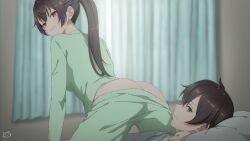 1girls ass ass_focus big_ass brown_hair cowgirl_position keihh kuze_masachika pajamas ponytail purple_eyes sister_and_brother suou_yuki tokidoki_bosotto_russian_de_dereru_tonari_no_alya-san