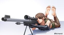 aiming_weapon almost_naked barefoot blank_background brown_hair caucasian caucasian_female feet feet_in_air feet_together female foot_fetish foot_focus gun hotkeysx human metal_gear_solid metal_gear_solid_v military one_eye_closed one_glove quiet_(metal_gear) serious sniper sniper_rifle soles solo solo_female the_pose toes torn_pants unenthusiastic