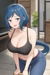 1girls ai_generated blue_eyes blue_hair clothing female gundam_build_fighters iori_rinko jeans long_hair looking_at_viewer smile solo solo_female tagme tank_top