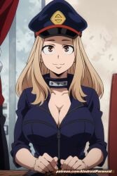 ai_generated aindroidparanoid ass big_breasts blonde_hair boku_no_hero_academia breasts camie_utsushimi cleavage hat hourglass_figure huge_breasts indoors large_breasts my_hero_academia stable_diffusion utsushimi_camie yellow_eyes