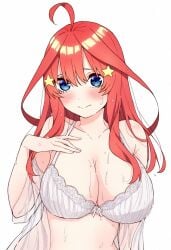 ahoge ai_assisted ai_generated bare_belly bare_breasts bare_shoulders blue_eyes blush bra breasts cleavage closed_mouth collarbone embarrassed go-toubun_no_hanayome hair_ornament huge_breasts jei_games long_hair nakano_itsuki open_clothes red_hair see-through_clothing underwear wet_body wet_hair white_bra white_underwear