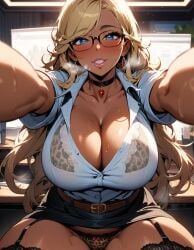 ai_generated belt big_breasts bimbo bimbo_body bimbo_lips blonde_hair blue_eyes blush bracelet breasts breasts_out choker cleavage curvy curvy_body curvy_female curvy_hips garter_straps glasses gyaru hand_on_hip huge_breasts hugging leopard_print leopard_print_bikini long_hair long_nails looking_at_viewer office_lady original_character panties pink_lipstick pink_nails pov pov_eye_contact secretary sitting_on_person skirt smile smiling_at_viewer spread_legs starlightnex stockings thick_ass thick_hips thick_legs thick_lips thick_thighs thighhighs very_sweaty white_shirt wholesome