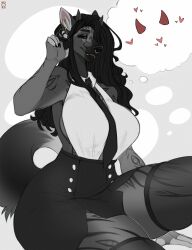 1girls 2020s 2024 2d 2d_(artwork) anthro anthro_focus anthro_only big_breasts big_thighs black_hair breasts earrings female female_focus female_only fur furry furry_only goth goth_girl gothic hi_res highres hips horns hyena large_thighs long_hair mazikeen_(the_lestrange) noodlerain nooradeer nose_piercing office_lady piercing septum_piercing sideboob skirt small_horns smile smiling solo solo_female solo_focus thick_thighs thighhighs thighs tie wide_hips