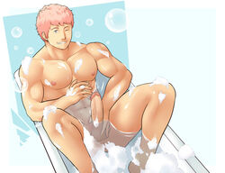 1boy abs bathing bathroom bathtub blue_eyes erection looking_at_viewer male_only muscles nipples penis penis_grab pink_hair soap_bubbles spread_legs suds wink z9_labs z9labs