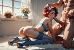 1futa ai_generated artist_name blowjob blue_eyes dick dickgirl futanari high_heels larsmu lingerie male_on_futa oral oral_sex penis red_hair sex stockings veiny_penis