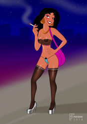 1girls 2018 aladdin black_hair breasts cigarette cleavage dark_skin disney disney_princess earrings fikomi hairy_pussy high_heels jewelry long_hair medium_breasts necklace nipples princess_jasmine prostitute prostitution pubes pubic_hair pussy_hair see-through smile smoking solo standing strapless