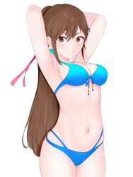 1girls armpits arms_behind_head big_breasts bikini blue_bikini breasts brown_eyes brown_hair busty cleavage confident female female_only highres large_breasts legs long_hair looking_at_viewer navel ponytail pose posing saionji_reimi sensual smile solo star_ocean swimsuit thighs thong_bikini very_long_hair