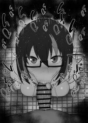 1boy 1girls :>= big_breasts big_penis black_and_white blowjob blush censored dark-skinned_male dark_skin detailed_background drooling eyelashes fellatio female glasses hayami_shizuku heart human indoor inside interracial kaii_to_otome_to_kamikakushi kneeling kurotama long_hair looking_at_viewer male male_pov multicolored_hair oral oral_sex penis pov room saliva shiny shiny_skin short_hair sound_effects squatting straight sweat text tongue_out vein veins veiny veiny_penis