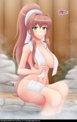 1girls breasts brown_hair clouddg doki_doki_literature_club female female_only green_eyes hair_bow hair_ribbon hot_spring long_hair monika_(doki_doki_literature_club) nude solo thick_thighs towel towel_around_neck towel_only white_bow