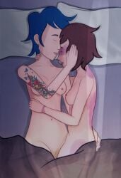 2girls artist_request bed bedroom breasts bruises canon_couple chloe_price completely_nude cuddling cute female_focus female_only life_is_strange max_caulfield multiple_girls no_sex nude softcore tattoo tattooed_arm tbunnyart yuri