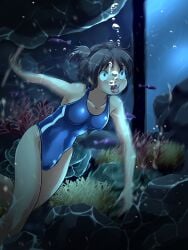 aquarium asphyxiation breasts brown_eyes brown_hair collarbone drowning female foxeye_(artist) game_cg in_the_aquarium:_sinking_with_kana kana_(in_the_aquarium:_sinking_with_kana) school_swimsuit small_breasts snuff swimming swimsuit twintails underwater