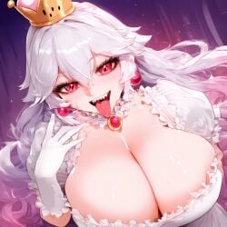 ai_generated big_breasts boosette breasts breasts_bigger_than_head cleavage cleavage_cutout crown dress ghost ghost_girl girl gloves hi_res high_resolution highres hollowbeak huge_breasts sfw sharp_teeth tagme tongue tongue_out white_clothing white_hair