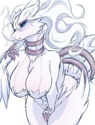 2020s 2024 2d 2d_(artwork) 4_fingers anthro anthro_only anthrofied aoi_(juppi) big_breasts big_thighs black_sclera blue_eyes blush breasts covered_nipples curly_hair english english_text glasses hi_res highres hips hourglass_figure juppi large_breasts large_thighs legendary_pokemon long_hair neck_ring nintendo nude nude_anthro nude_female pokemon pokemon_(species) reshiram solo solo_anthro solo_female solo_focus thick_thighs thighs white_hair wide_hips