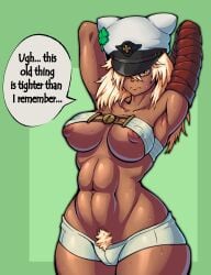 1girls abs areolae armpits blonde_hair breasts breasts_out dark-skinned_female dark_skin female_abs fit_female guilty_gear hat lonya muscular_female nipple_bulge nipple_slip nipples orange_eyes pubic_hair pubic_hair_peek ramlethal_valentine short_shorts shorts sweat sweatdrop talking_to_viewer thick_thighs tight_clothing wardrobe_malfunction white_clothing