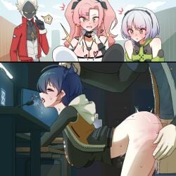 2boys 3girls ? ahe_gao anby_demara ass bangboo_(zenless_zone_zero) belle_(zenless_zone_zero) billy_kid_(zenless_zone_zero) blue_hair blush bottomless bottomless_female brother brother_and_sister caught caught_in_the_act clothing cum dada74887415 dcadca3 dripping_cum grabbing_hair heart heart_symbol highres hoyoverse impact_lines incest legs medium_breasts moaning motion_lines nicole_demara open_mouth pants_down penetration penetration_from_behind robot robot_humanoid saliva semen sex sex_from_behind short_hair sister spank_marks spanking standing_doggy_style standing_sex sweat thighs wise_(zenless_zone_zero) zenless_zone_zero