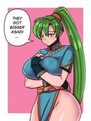 1girls bare_thighs breast_expansion breasts covered_nipples english_text female female_only fire_emblem fire_emblem:_the_blazing_blade huge_breasts lyn_(fire_emblem) mnejing nintendo pelvic_curtain solo text thighs