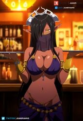 ai_generated arabian_clothes bar big_breasts black_hair curvy curvy_figure drink female jewelry juanpi_amvs kuroinu_~kedakaki_seijo_wa_hakudaku_ni_somaru~ long_hair olga_discordia patreon patreon_username smiling standing tavern veil watermark yellow_eyes