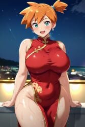 :d ai_generated aqua_eyes asymmetrical_hair bangs bare_arms bare_shoulders blush breasts china_dress chinese_clothes clothing covered_navel curvaceous dress earrings female female female_only green_eyes huge_breasts jewelry kasumi_(pokemon) large_breasts legs looking_at_viewer navel night night_sky open-mouth_smile open_mouth orange_hair outdoors pelvic_curtain pokemon ponytail red_dress shiny short_hair side_ponytail sky sleeveless sleeveless_dress smile solo standing sweat thick_thighs thighs tied_hair wet wide_hips