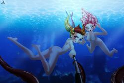 2girls air_bubbles anime ass barefoot breasts bubble bubbles commission duo duo_female feet female fish fluttershy_(mlp) freediving friendship_is_magic hasbro human humanized mauroz medium_breasts my_little_pony navel nipples nude ocean octopus open_mouth open_smile rainbow_dash_(mlp) sea seaweed selfie selfie_stick sideboob skinny_dipping smiling sunlight swimming tentacle underwater water