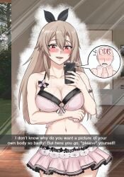 blush body_swap cleavage eydis_synthesis_ten female hairbow light_brown_hair mirror mirror_selfie mischievous_smile navel phone pink_clothing red_eyes skirt solo_focus umbracallistis watermark