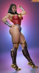 3d amazon ankle_cuffs armor ass bare_shoulders big_ass boots bracelet child_bearing_hips crown dark-skinned_female dc_comics female flexing flexing_bicep gradient_background hands_on_hips highleg injustice_2 leotard long_hair muscular_female panties posing print_panties simple_background smitty34 solo thighs watermark wonder_woman wonder_woman_(series) wrist_cuffs