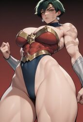 abs ai_generated big_breasts cosplay dc_comics femdom fit_female from_below jujutsu_kaisen looking_down_at_viewer muscular_female muscular_thighs short_hair_female thick_thighs tomboy wonder_woman_(cosplay) wonder_woman_(series) zenin_maki