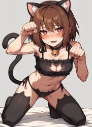 ai ai_generated animal_ears artificial_intelligence barefoot bell black_stockings blush breasts brown_hair cat_cutout cat_ears cat_lingerie cat_tail chara chara_(undertale) cleavage_cutout clothing_aside clothing_cutout cowboy_shot fake_animal_ears fangs female heart_shaped_pupils horny kneeling leaning_forward looking_at_viewer neck_bell panties paw_pose pussy red_eyes small_breasts solo tail uncensored undertale underwear wavy_mouth