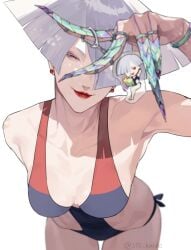 a.k.i. bending_forward bending_over bent_over big_ass bikini bob_cut breasts grey_hair long_nails looking_at_viewer red_eyes slim_waist sss_ookoku street_fighter_6 thick_ass thick_thighs white_hair wide_hips yandere