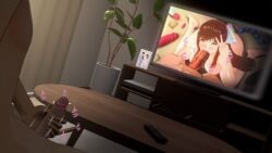 1girls 2boys blowjob cheating cuckold dark-skinned_male doki_doki_literature_club masturbating_cuck masturbation monika_(doki_doki_literature_club) ntr oral peace_sign small_penis watching watching_porn