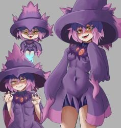 big_hat chibi clovernuts color colored colored_hair colored_nails digital_drawing_(artwork) digital_media_(artwork) dyed_hair fan_character glowing_eyes jewelry misma_(clovernuts) mismagius oc pokemon pokemon_dppt purple_hair short_hair shorts smirk smirking_at_viewer sports_shorts thick_thighs tight_clothing tight_fit tights w_mouth witch witch_costume witch_hat yellow_eyes