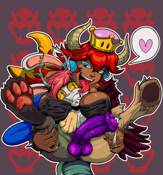 1boy 1girls anthro apolo_18 auction between_breasts blue_eyes bowsette cum dark-skinned_female duo erection face_lick female femdom furry heart hooves horns licking licking_face male male_focus mario_(series) new_super_mario_bros._u_deluxe nintendo paws penis precum purple_penis rape red_bowsette red_eyes red_hair semen sharp_teeth simple_background spread_legs spreading testicles ych yellow_sclera