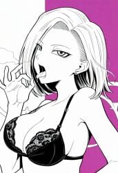 ai_assisted ai_generated android_18 armpits bare_arms bare_shoulders big_breasts black_and_white bra breasts cleavage collarbone dragon_ball earrings jei_games ok_sign open_mouth purple_background saliva saliva_trail short_hair sideboob tongue tongue_out underwear visible_breath