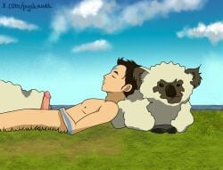 1boy aang air_nomad airbender_tattoo avatar_legends avatar_the_last_airbender big_penis boner male male_only nature_background public_nudity pyska sheep skinny sleeping the_avatar young