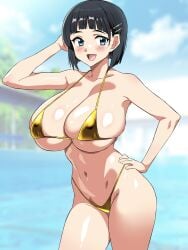 1girls bikini black_hair blush cleavage female female_only gold_bikini green_eyes hand_on_hip kagemusha kagemusya kirigaya_suguha looking_at_viewer navel open_mouth short_hair smile solo sword_art_online