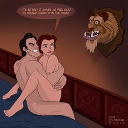 2018 annoyed barefoot beast_(disney) beauty_and_the_beast bed belle black_eyes black_hair brown_eyes brown_hair clenched_teeth closed_mouth defeated disney disney_prince disney_princess disney_villains english_text feet fikomi gaston grin hug indoors lips lipstick long_hair looking_at_another looking_back makeup male male/female nude on_bed pink_lipstick sex short_hair sitting sitting_on_person straddle straddling straight talking teeth upright_straddle vaginal_penetration