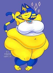 1girls animal_crossing ankha anthro ass belly belly_overhang bigroundburger blue_hair bottomless bottomless_female breasts fat feline feline feline_humanoid female female_focus female_only furry hips large_ass large_breasts necklace nintendo overweight overweight_female posing posing_for_the_viewer stomach thick_thighs thighs weight_gain wide_hips yellow_fur