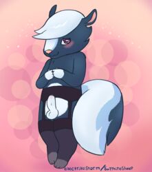 <3_eyes 2018 animal_crossing anthro balls black_fur blush clothing electrikestorm embarrassed fluffy fluffy_tail fur garter_belt garter_straps heart hi_res humanoid_penis kicks_(animal_crossing) legwear male male_only mammal mephitid mostly_nude nervous nervous_smile nintendo penis pink_background pink_nose purple_eyes simple_background skunk smile solo stockings video_games white_fur