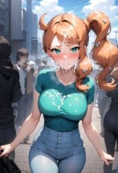 ai_generated big_breasts blush cum cum_on_clothes cum_on_face cum_on_hair cum_on_upper_body embarrassed fully_clothed hair_ornament pokemon pokemon_ss public red_hair sonia_(pokemon) truth_or_dare walk_of_shame walking