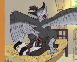 anthro anus ass avian azrael_(owllad934) bed bedroom big_penis bird black_body black_fur black_sclera blue_sclera blue_tongue bovid caprine caprine_demon demon duo eyewear feathers feet fur furniture genitals glasses goat_demon grey_body grey_feathers hi_res hooves humanoid hybrid k0moya komoya_(k0moya) looking_back male male/male mammal markings messy open_mouth owl penis pink_anus pupils red_markings red_pupils round_glasses spread_butt spread_wings spreading talons toes tongue white_body white_fur wings